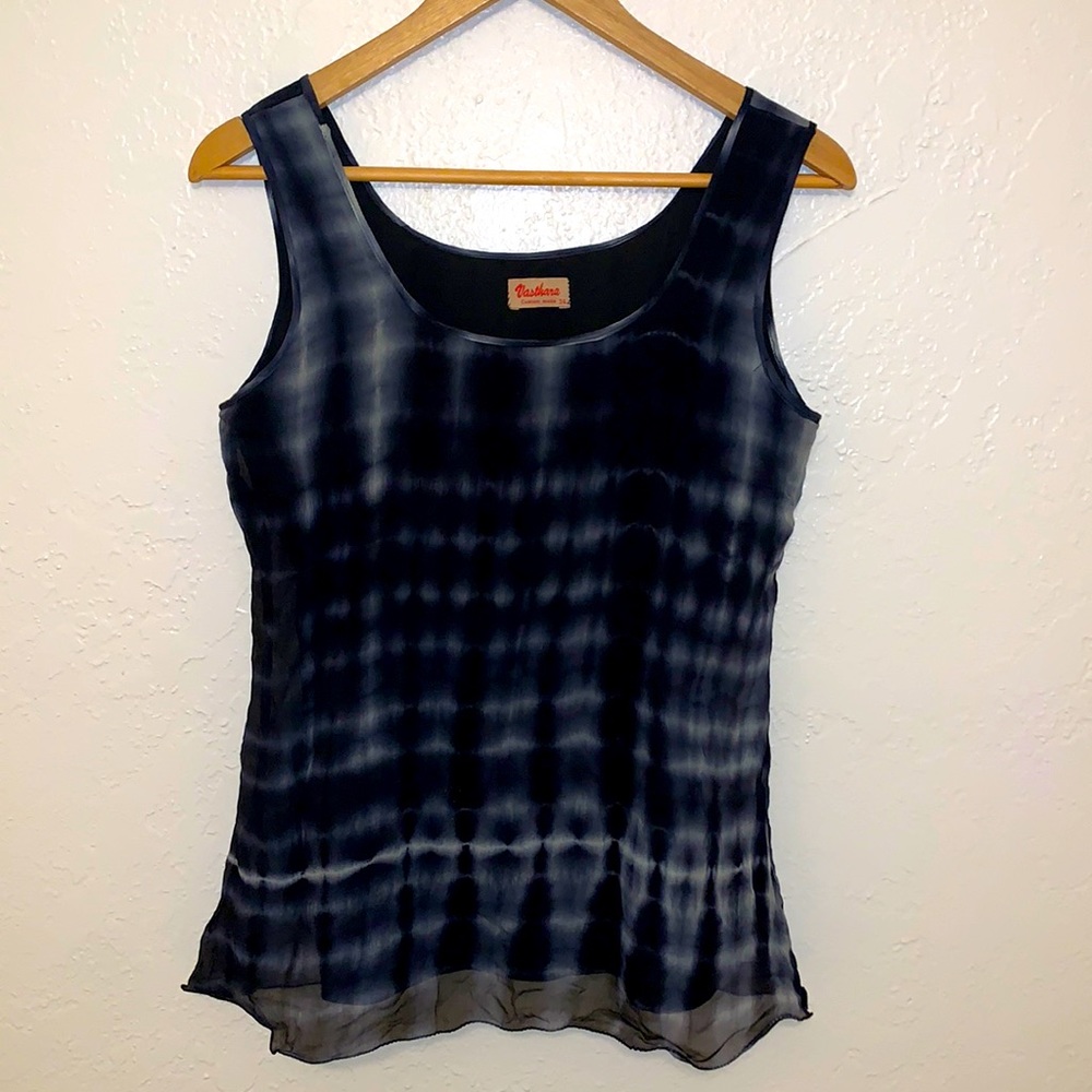 Vasthara Silk Tie Dye Tank Top Scoop Neck Lined Custom Made Blue Black 34 Small
